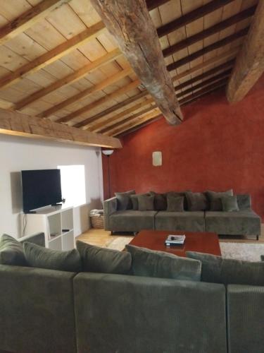 un salon avec des canapés et une télévision à écran plat dans l'établissement Ancien Couvent avec piscine entre Alpilles et Camargue pour 10 personnes, à Arles
