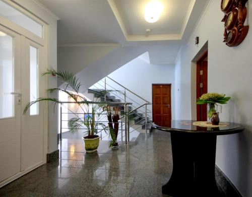 a hallway with a table and potted plants at Red Stone in Truskavets