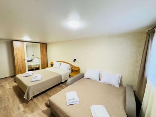a hotel room with two beds and a mirror at House Lia Apartment Likani in Borjomi