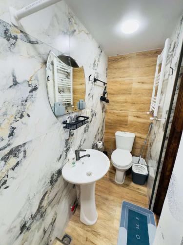 a bathroom with a white sink and a toilet at House Lia Apartment Likani in Borjomi