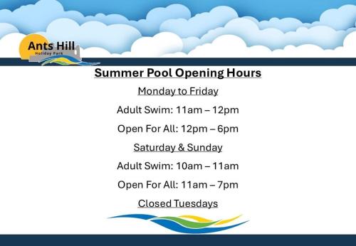 a flyer for a summer pool opening hours with clouds at Caravan AH26 in Laugharne