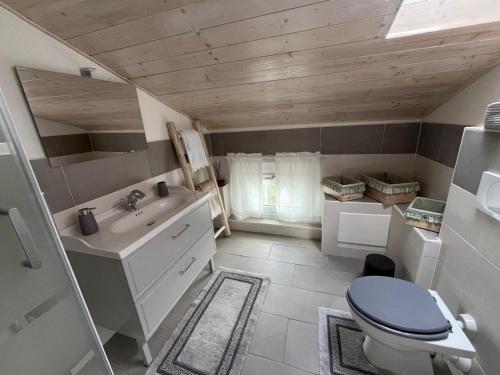 a bathroom with a blue toilet and a sink at Lucciano Suite in Quarrata