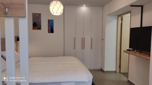 a bedroom with a bed and a flat screen tv at MAKS 2 Osijek Center, self check in in Osijek