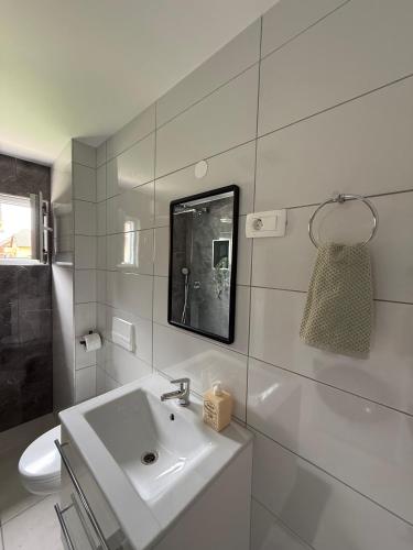 a white bathroom with a sink and a toilet at Natura Apartments in Kranj