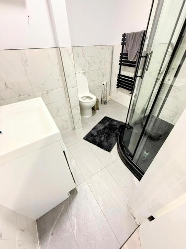 a white bathroom with a shower and a toilet at Crystal Palace Stylish gfloor 1bed apartment,3 minutes walk to Crystal palace station in London