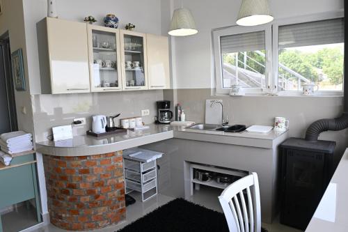a kitchen with a counter with a sink and a stove at Apartments Villa Graf in Smederevo