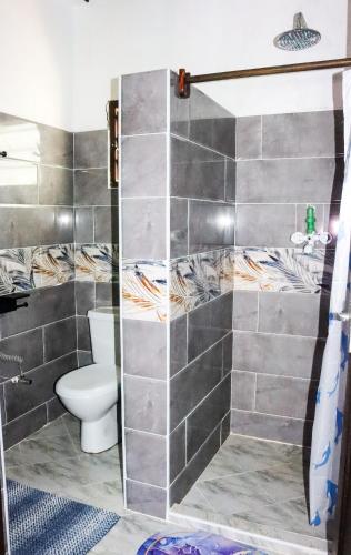 a bathroom with a shower and a toilet at Wafalme villa in Kwale
