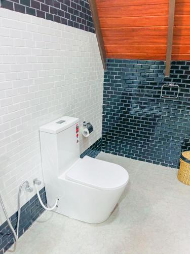 a white toilet in a bathroom with blue tiles at Lotus Eco Villa in Sigiriya