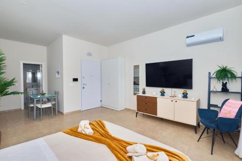 a bedroom with a bed and a flat screen tv at Apartamentos Golfinho Dourado in Santa Maria