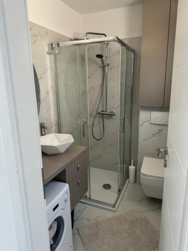 a bathroom with a shower and a toilet and a sink at Perla in Stinica