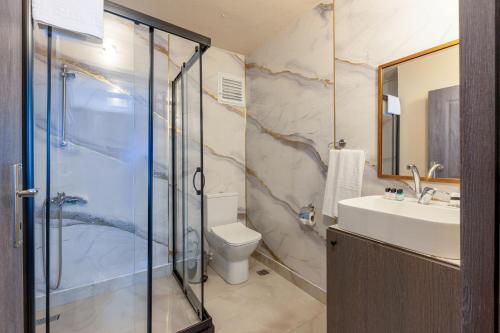 a bathroom with a shower and a toilet and a sink at Istanbul By Rich Hotel in Istanbul