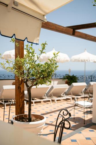 a potted tree sitting on a table with chairs at Hotel Conca d'Oro in Positano