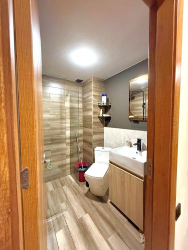 a bathroom with a toilet and a sink and a mirror at Mountain View Apartment Near Ski Slopes Gudauri in Kʼumlistsʼikhe