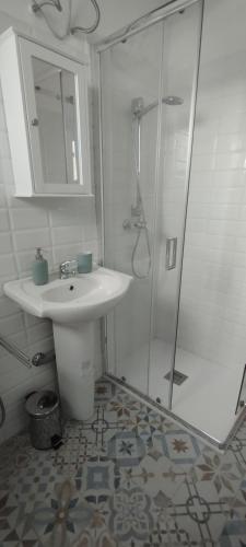 a bathroom with a sink and a shower at Casa vacanza Larimar tipico stazzo gallurese in Terme di Castel Doria