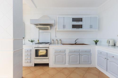 a white kitchen with white cabinets and an oven at Majestueux Appartement 2 pièces à Hydra in Hydra