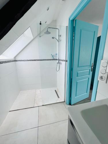 a bathroom with a shower and a sink at Les Chtis Bretons Chambres d hotes in Trédion