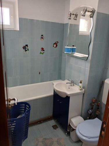 a bathroom with a sink and a toilet and a mirror at Apartament cu 2 camere in Călimăneşti