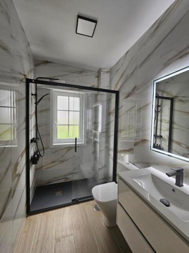 un bagno con doccia, WC e lavandino di Frente al Mar Primera Linea de Playa Samil a Vigo