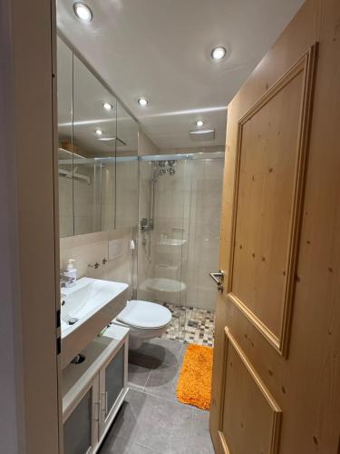 a bathroom with a toilet and a sink and a mirror at Gemütliche Wohnung mit Bergblick und Terrasse in Obermaiselstein