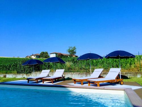a group of chairs and umbrellas next to a pool at Bed & Breakfast Barbera e Tulipani in Scandeluzza