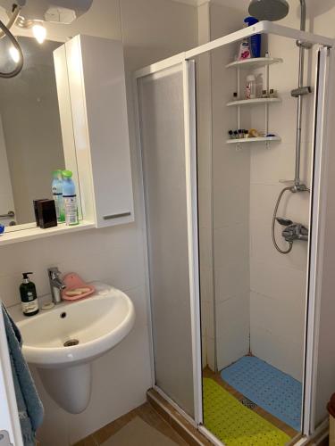 a bathroom with a shower and a sink at Caesar Resort studio in Iskele