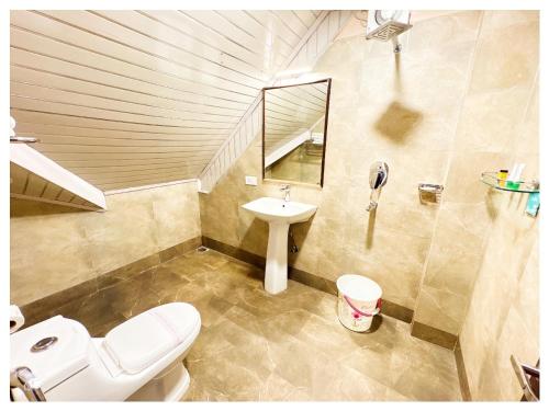 a bathroom with a toilet and a sink and a mirror at Hotel Zambala Retreat & Spa Darjeeling in Darjeeling