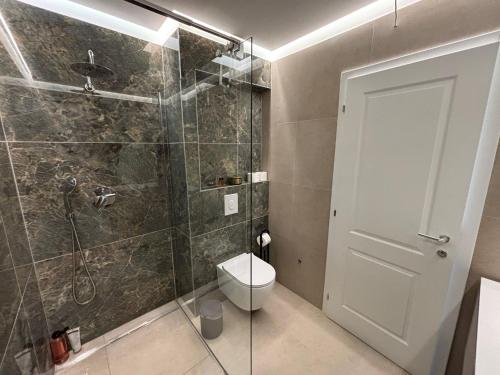 a bathroom with a shower with a toilet and a glass door at POLAI Seafront Apartment in Seline