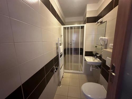 a bathroom with a toilet and a shower and a sink at Hotel Opera in Jaroměřice na Rokytné