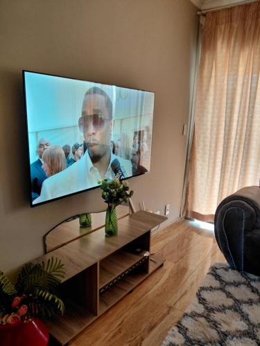 a living room with a large flat screen tv on the wall at Mont Pelaan 88 in Newcastle