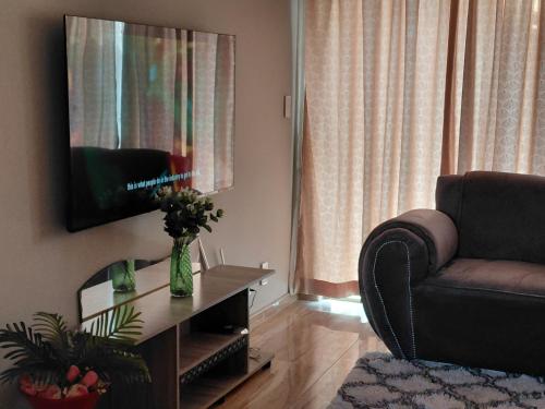 a living room with a couch and a table with a television at Mont Pelaan 88 in Newcastle