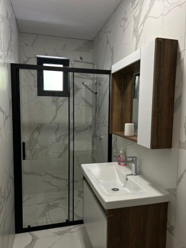a bathroom with a shower and a sink at Villa Sv Stefan in Ohrid