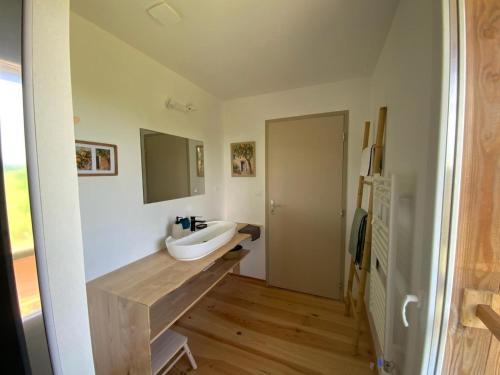 a bathroom with a sink and a mirror at En joia ! in Teyssode