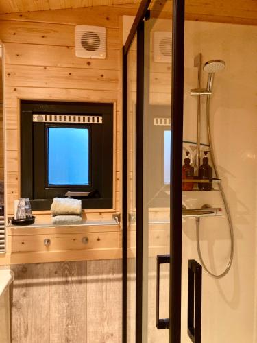a bathroom with a shower and a television in it at De Zilte Zeehoeve in Ellemeet