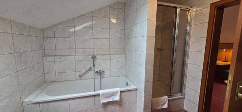 a bathroom with a bath tub and a shower at Hotel Alpina in Bad Reichenhall