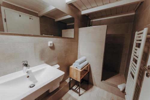 a bathroom with a sink and a mirror at Apartments Fleischhauerstraße in Lübeck
