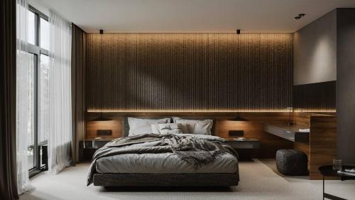 a bedroom with a large bed and a large window at Wood Hotel Resort & SPA in Bukovel