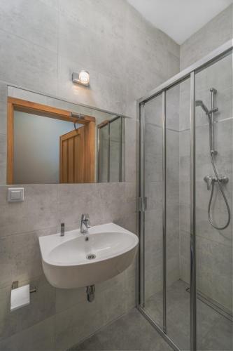 a bathroom with a sink and a shower at Arcus Premium Hostel in Warsaw