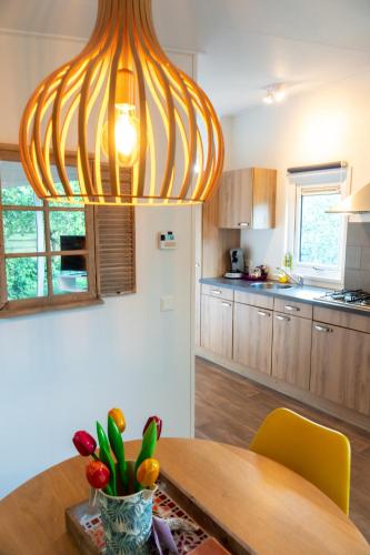 a kitchen with a wooden table and a chandelier at De Zilte Zeehoeve in Ellemeet