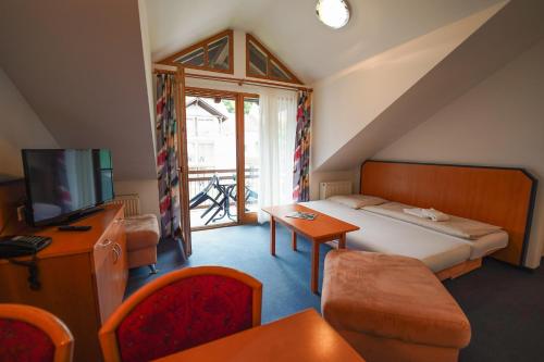 a bedroom with a bed and a tv and a table at Hotel Sonnenhof - Tante ALMA`s Sommerfrische in Sonnen