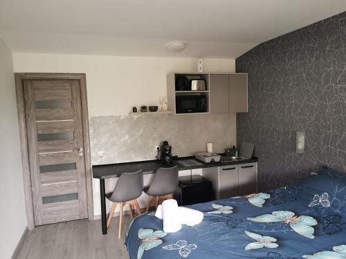 a small room with a bed and a kitchen at Giulia Guest House in Sovata