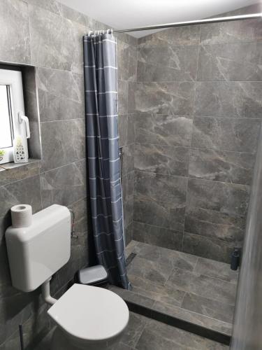 a bathroom with a toilet and a shower curtain at Giulia Guest House in Sovata