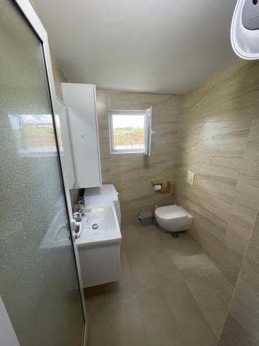 a bathroom with a toilet and a sink and a shower at Garden beach house in Hamallë