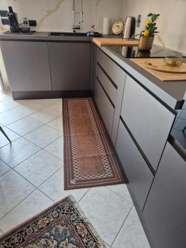 a kitchen with a counter and a rug on the floor at Casa Mario, In The Heart Of Asti in Asti