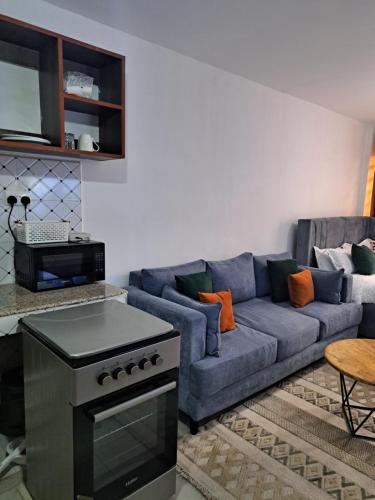 内罗毕Cozy Studio bnb in Kasarani Seasons, Nairobi的客厅里有一张蓝色的沙发和一个炉子