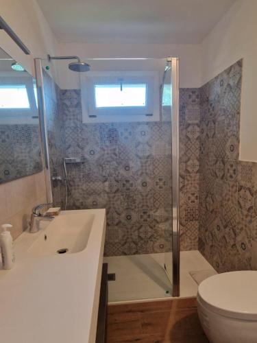 a bathroom with a shower and a sink and a toilet at La Quagnola Casa vacanze in Polinago