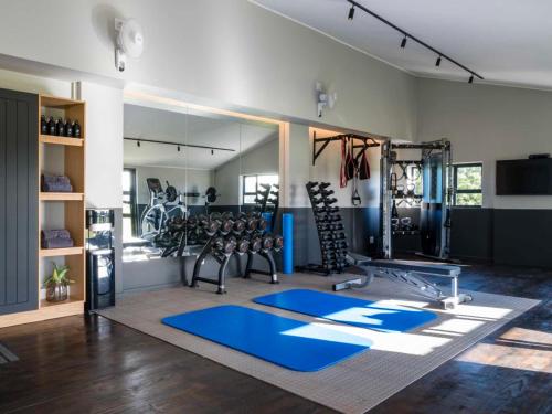 a gym with several treadmills and machines in a room at Rhone Hill Polo Club in Plettenberg Bay