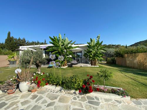 a garden with flowers and plants in front of a building at Azzure Heaven in Loutrá Elevtherón