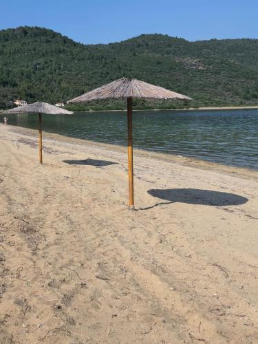 two straw umbrellas on a beach near the water at Maurizio's Villa in Yiáltra