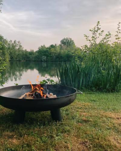 a fire pit sitting in the grass next to a lake at Chalet en bord d'étang in Longpré-les-Corps-Saints