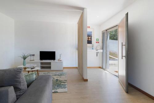 a living room with a couch and a television at Al Do Paço - Between Braga e Geres in Amares